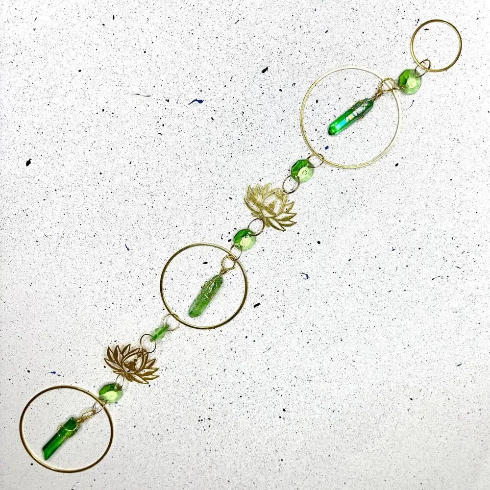 Green Aura Quartz Wall Hanging | Gold Lotus Meditation Charm | Love Abundance
